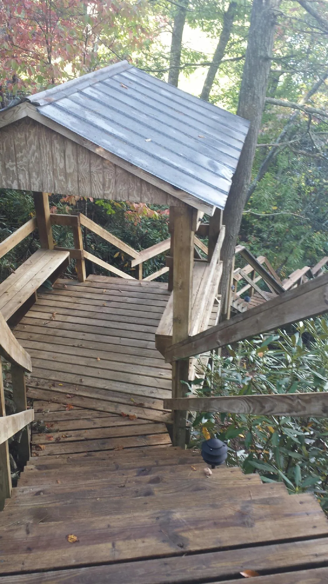 Metal roofed shelter over wooden steps on a wooded walkway — Skylight Repair & Installation work by our crew in Roland